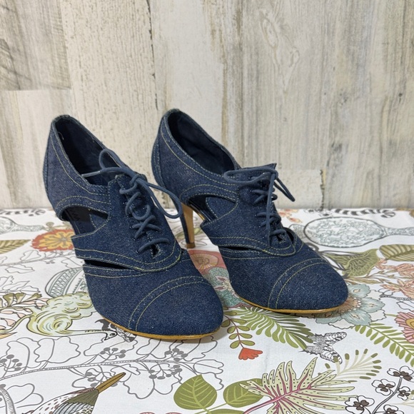 Miss Tina by Tina Knowles Denim Lace-Up Heels - Picture 1 of 16